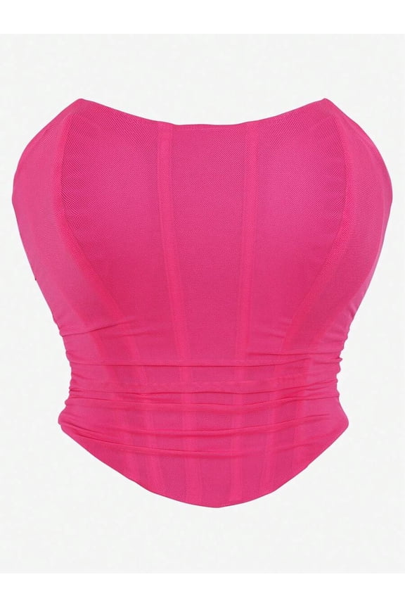 Hot Pink Mesh Strapless Corset Top With Ruched Waist Sculpting Bustier