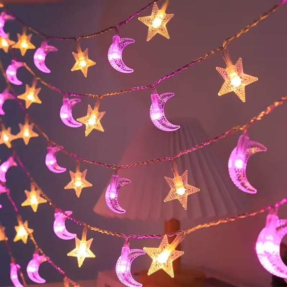 Hot Pink Moon Star String Lights - 2m/6.56ft Battery-Operated Fairy Lights for Indoor & Outdoor Decor