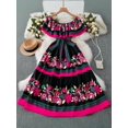 thumbnail image 1 of Hot Pink Off Shoulder Floral Embroidered Tiered Maxi Dress With Ruffle Trim, 1 of 5
