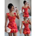 thumbnail image 1 of Hot Pink Off-Shoulder Ruffle Hem Floral Print Fitted Sleeveless Mini Dress With Tie Front, 1 of 7
