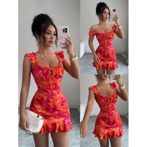 Hot Pink Off-Shoulder Ruffle Hem Floral Print Fitted Sleeveless Mini Dress With Tie Front
