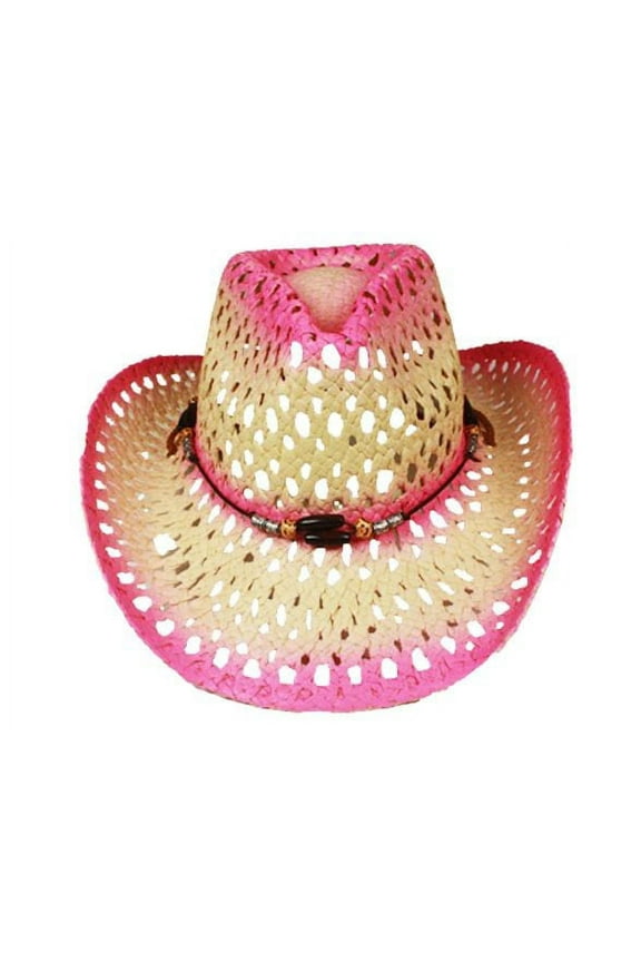 Hot Pink Ombre Tea Stain Paper Straw COWBOY HAT Beach Gardening WESTERN Cowgirl Summer Hat with Beads