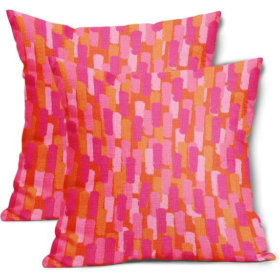 Hot Pink and Orange Pillow Covers 18x18 Inch Preppy Bright Pink Cotton Linen Decorative Throw Pillow Case Retro 70s Paint Brush Cushion Cover Set of 2 for Bedroom Sofa Living Room Couch Chair