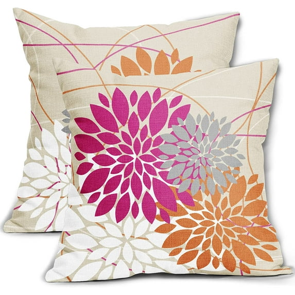 Hot Pink and Orange Throw Pillow Covers 18x18 Inch Vibrant Color Dahlia Flower Decorative Pillows Outdoor Farmhouse Decor for Home Sofa Couch Bed Modern Floral Linen Square Cushion Case, Set of 2