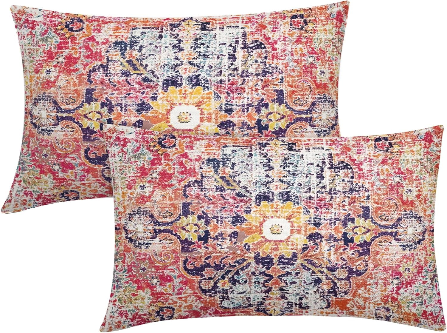 Hot Pink Orange Vintage Bohemian Lumbar Pillow Covers 12X20 Inch Purple
