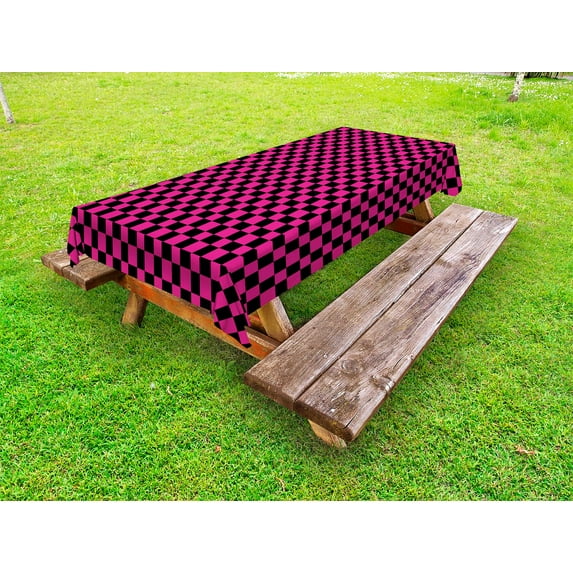 Hot Pink Outdoor Tablecloth, Old Fashioned Gingham Checks in Vibrant Colors Modern Display Geometric Simple, Decorative Washable Fabric Picnic Table Cloth, 58 X 84 Inches,Magenta Black, by Ambesonne
