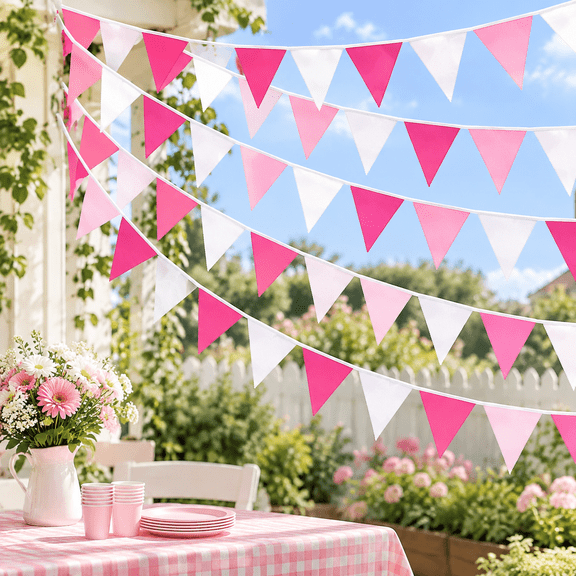 Hot Pink Party Decorations Rose Hot Pink Pennant Banner Fabric Triangle Flag Bunting Garland Streamers for Wedding Birthday Anniversary Home Outdoor Garden Princess Party Decor Supplies
