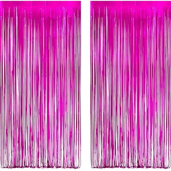 Hot Pink Party Streamers Backdrop - Shiny Fuchsia Tinsel Foil Fringe Curtain for Birthdays/Flamingo/Bachelorette/Galentine/Breast Cancer Awareness Decorations - 3.2ft X 8.2ft - 2 Packs