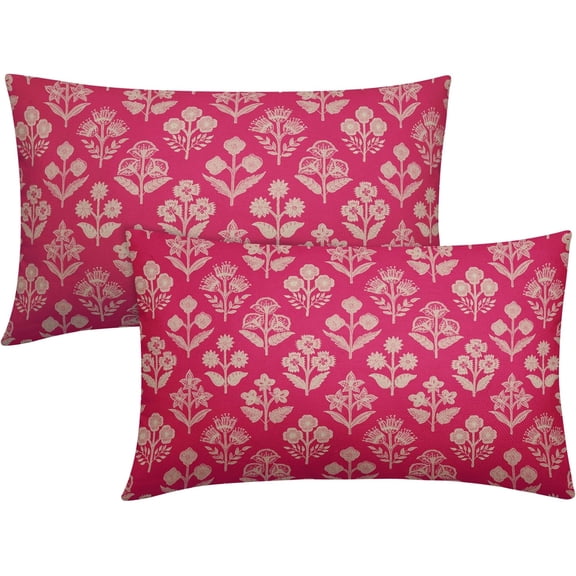Hot Pink Pillow Covers 12x20 Inch Set of 2, Cream Floral Block Print Pattern Lumbar Decorative Throw Pillowcases Outdoor Farmhouse Rectangle Cushion Covers Spring Summer Sofa Couch Bed Decor