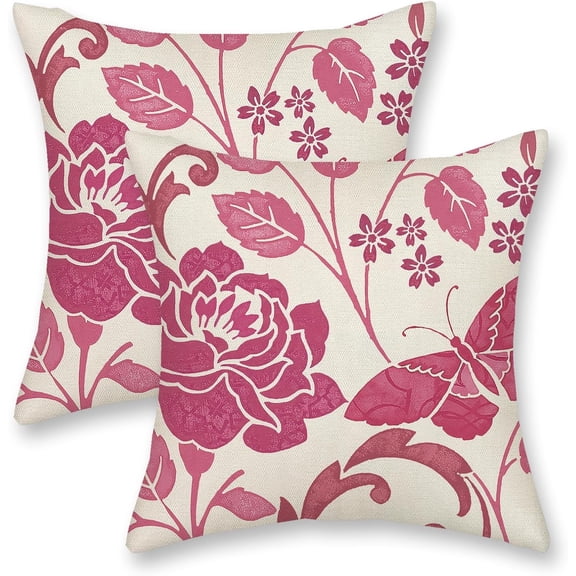 Hot Pink Pillow Covers 18x18 Inch 2 Pcs Preppy Spring Vintage Floral Decor Throw Pillows Butterfly Flower Leaves Seasonal Summer Outdoor Decoration Pillowcase Linen Cushion Cover for Couch Sofa