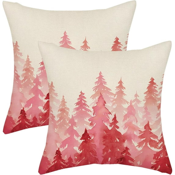 Hot Pink Pillow Covers 18x18 Inch 2 Pcs Watercolor Christmas Tree Decor Throw Pillows Natural Forest Spring Summer Outdoor Farmhouse Decoration Pillowcase Linen Cushion Cover for Couch Sofa