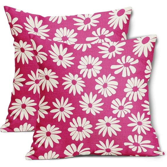 Hot Pink Pillow Covers 20X20 Inch White Floral Daisy Geometry Decorative Couch Pillow Cases Spring Summer Flower Throw Pillows Set of 2 Farmhouse Home Decor for Room Porch Patio Couch Outdoor