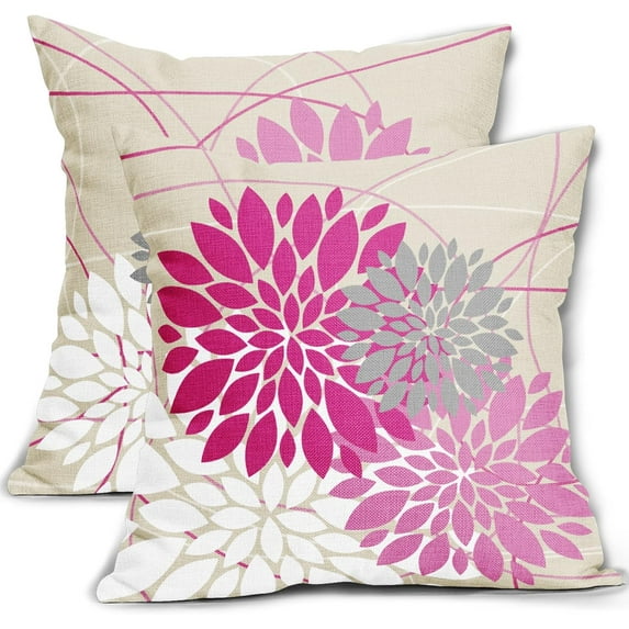 Hot Pink Pillow Covers 20x20 Inch Vibrant Color Dahlia Flower Decorative Throw Pillows Outdoor Farmhouse Decor for Home Sofa Couch Bed Modern Floral Linen Square Cushion Case, Set of 2