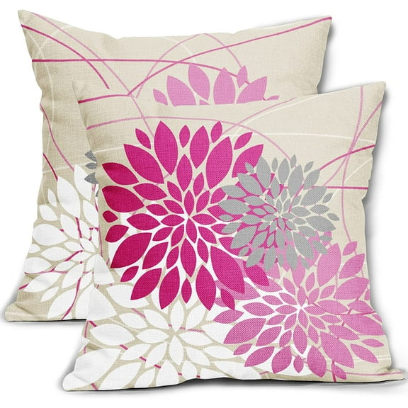 Hot Pink Pillow Covers 20x20 Inch Vibrant Color Dahlia Flower Decorative Throw Pillows Outdoor Farmhouse Decor for Home Sofa Couch Bed Modern Floral Linen Square Cushion Case, Set of 2