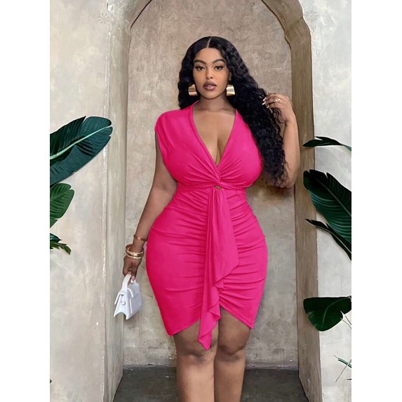 Hot Pink Plus Size Bodycon Dress With Front Twist And Ruffle Detail For Party Date Spring Summer