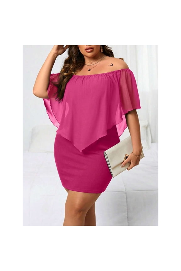 Hot Pink Plus Size Off-Shoulder Fitted Mini Dress With Sheer Flounce Overlay