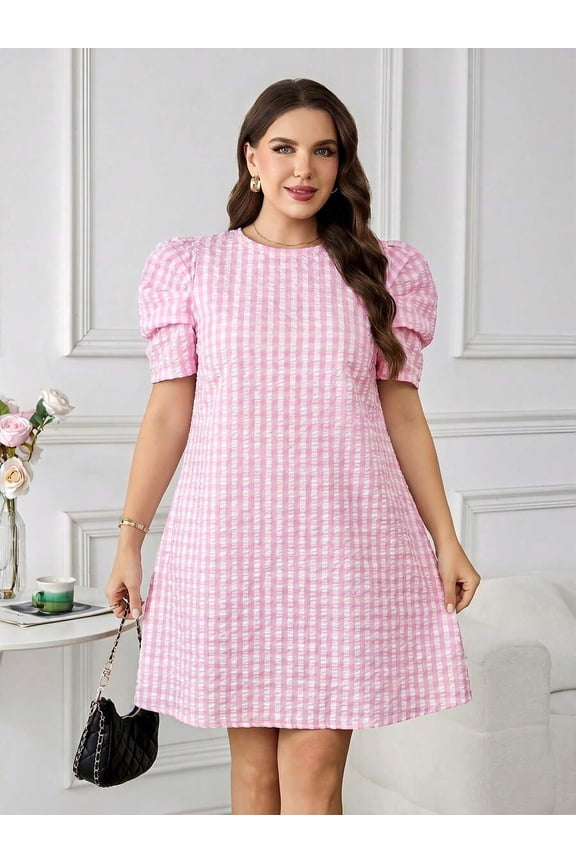 Hot Pink Plus Size Puff Sleeve Shift Dress With Gingham Pattern