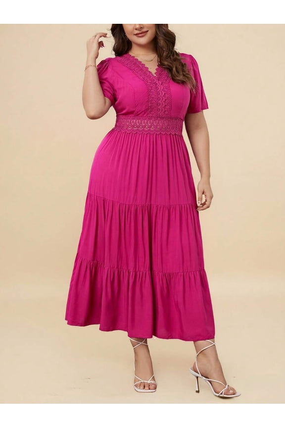 Hot Pink Plus Size V-Neck Short Sleeve Lace-Insert Tiered Maxi Dress Casual Boho Sundress
