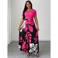 thumbnail image 1 of Hot Pink Plus Size Women Botanical Print Round Neck Short Sleeve Maxi Dress Holiday Style, 1 of 6