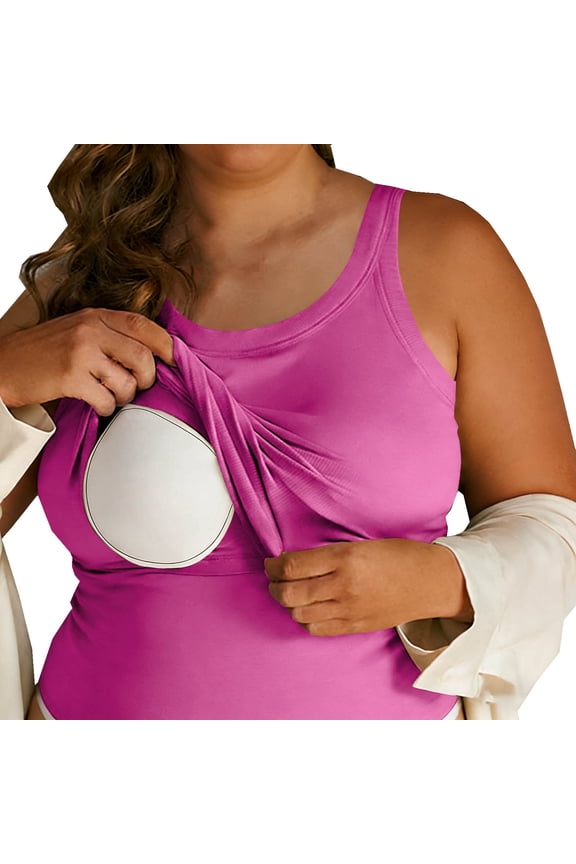 Hot Pink Plus Size Womens Tank Top for Nursing & Lounge, Soft Sleep Camisole with Hidden Pocket, Post Surgery Top,Size L