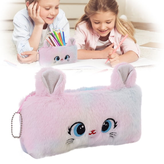 Hot Pink Plush Cat Pencil Pouch with Smooth Zipper and Wide Opening - Large Capacity Stationery Organizer