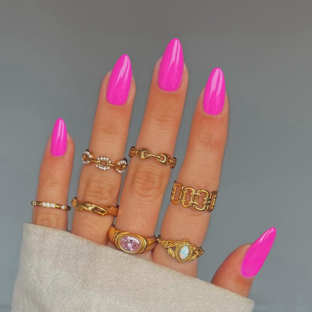 Hot Pink Press on Nails Almond Nails, Glossy Fake Nails Glue on Nails  Medium Length Nails,Natural Acrylic Nails Press ons Nails,Gel Nails Glossy  False Nails Stick on Nails Set in 24 PCS