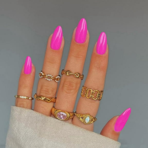 Hot Pink Press on Nails Almond Nails, Glossy Fake Nails Glue on Nails Medium Length Nails,Natural Acrylic Nails Press ons Nails,Gel Nails Glossy False Nails Stick on Nails Set in 24 PCS Cute Color