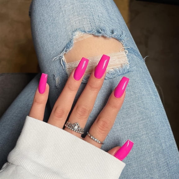 Hot Pink Press On Nails Medium Long Square, Medium Coffin Nails Acrylic Press ons Glue on Nails Long Length, Solid Color Fake Nail for Women, Natural Thick Artificial Nail Stick on, Neon Pink