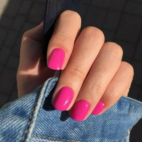 Hot Pink Press on Nails Short Round for Small Hand,Solid Fake Nails Square Glossy False Nails Reusable Glue on Nails Short Nails Press ons Simple Style Stick on Nails for Daily Wear