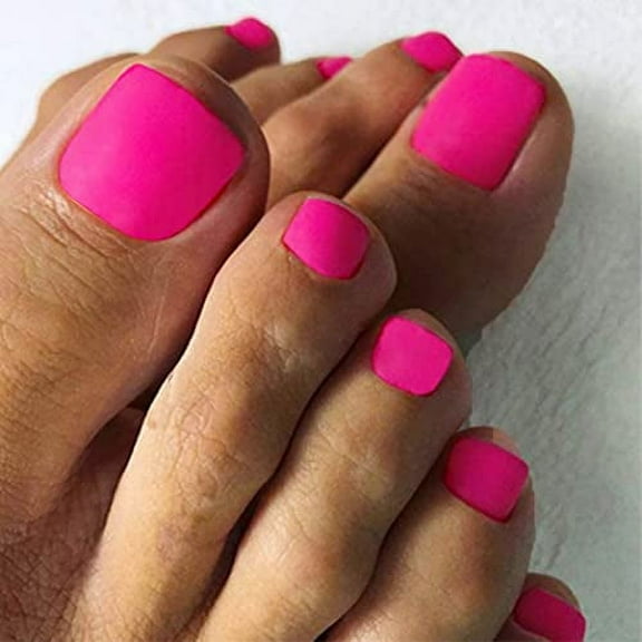 Hot Pink Press on Toenails Matte Short Fake Toe Nails Acrylic False Toesnail Square Cute Pressons Toenail Artificial Beach Full Cover Feet Nail for Women and Girls 24Pcs (Hot Pink)