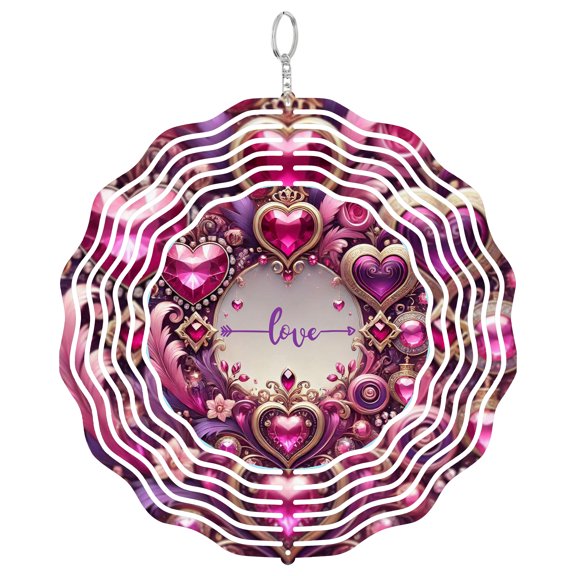Hot Pink Purple Love 3D Wind Spinner Stainless Steel Kinetic Art Feather Gem Look Round