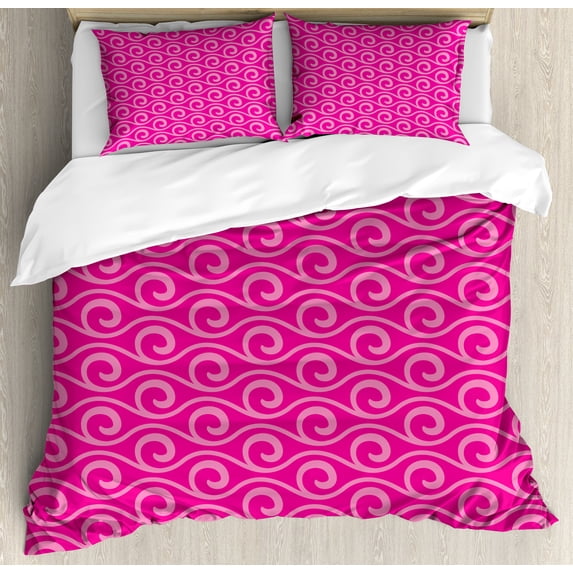 Hot Pink Queen Size Duvet Cover Set, Ocean Waves Inspired Abstract Fantasy Pattern with Horizontal Curves and Lines, Decorative 3 Piece Bedding Set with 2 Pillow Shams, Pink Hot Pink, by Ambesonne