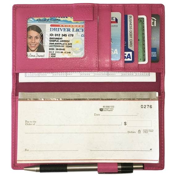 Hot Pink RFID Leather Checkbook Cover With Credit Card Slots and Pen Holder