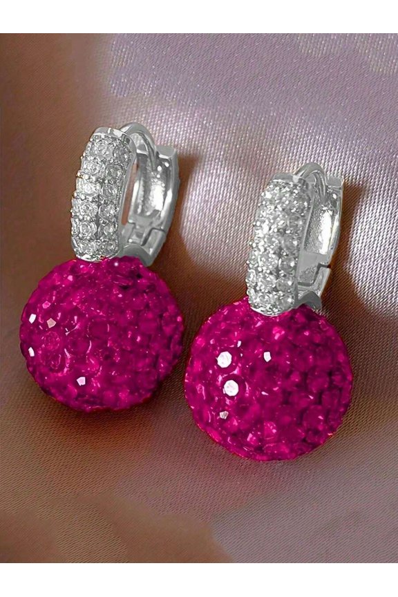 Hot Pink Rhinestone Ball Dangle Earrings With Silvertone Huggie Hoop
