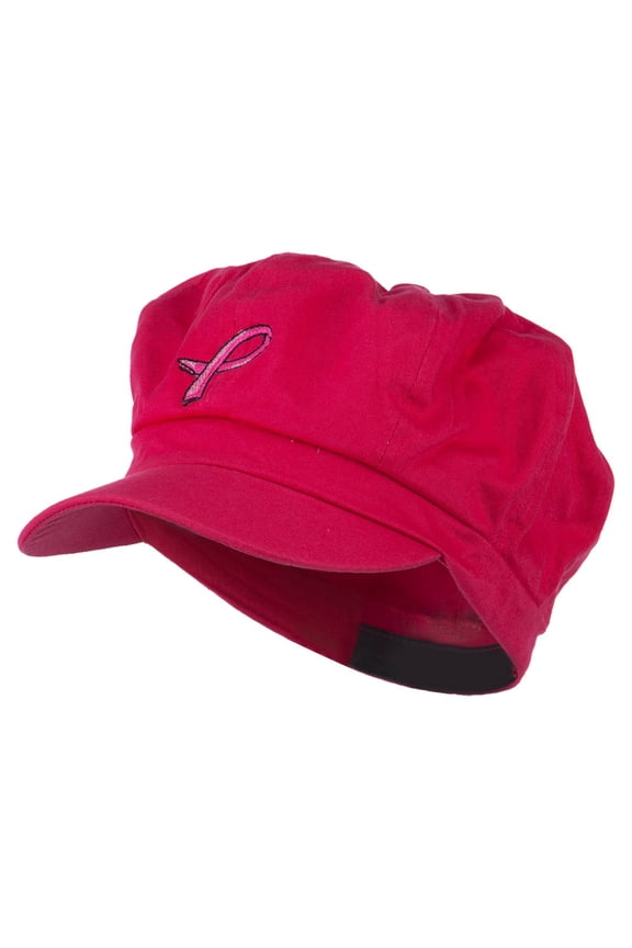 Hot Pink Ribbon Breast Cancer Embroidered Newsboy Cap - Fuchsia OSFM