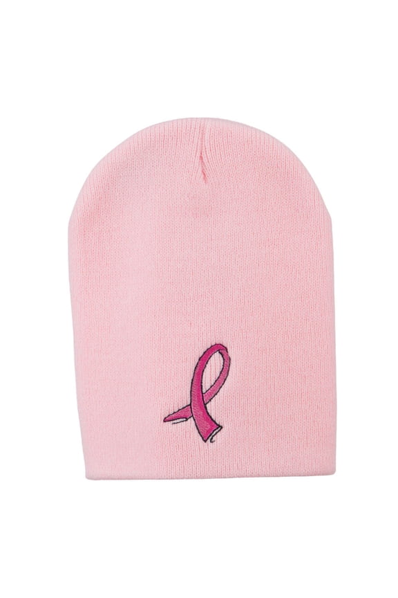 Hot Pink Ribbon Breast Cancer Embroidered Short Beanie - Pink OSFM