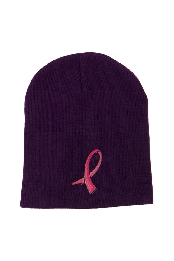 Hot Pink Ribbon Breast Cancer Embroidered Short Beanie - Purple OSFM