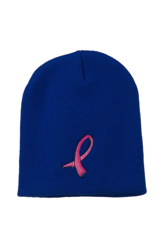 Hot Pink Ribbon Breast Cancer Embroidered Short Beanie - Royal OSFM