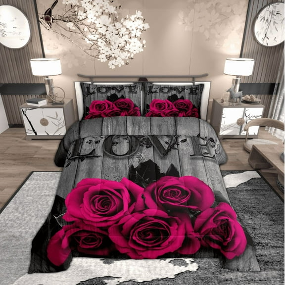 Hot Pink Rose Flowers Comforter Set Full Retro Rustic Rose Floral Bedding Set Valentine'S Day Wedding Couple Bedding Comforter Sets Men Women,Romantic Blossom Quilt Black Grey 3 Pcs