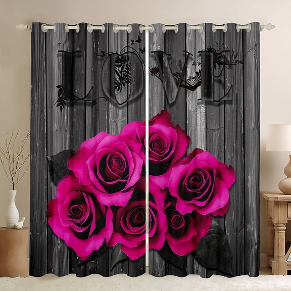 Hot Pink Rose Flowers Window Curtains 42"Wx84"L Rustic Rose Floral Curtains Valentine'S Day Couple Window Curtains For Bedroom Living Room,Romantic Blossom Window Treatments 2 Panels Black Grey