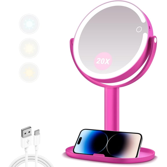 Hot Pink Round Lighted Makeup Mirror with 20X Magnifying Dual-Sided Touch Control, 3 Light Modes, and 80 LEDs