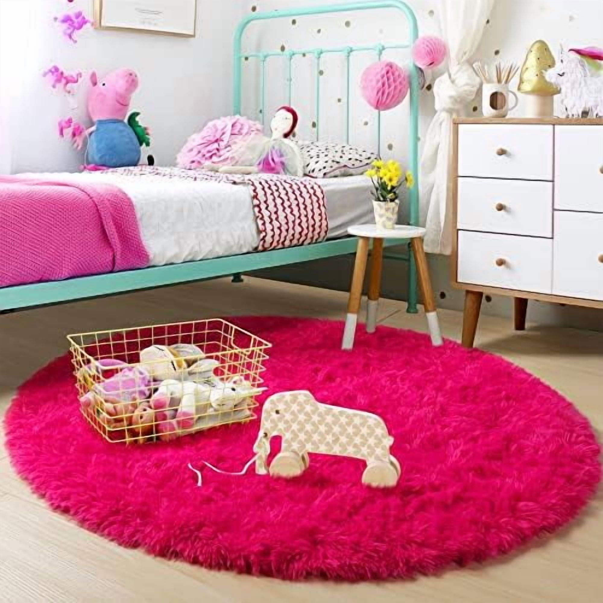 Hot Pink Round Rugs 5Ft for Girls Bedroom, Fluffy Circle Area Rug for ...