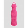 thumbnail image 1 of Hot Pink Ruched Halter Maxi Dress With Adjustable Neck Tie, 1 of 6