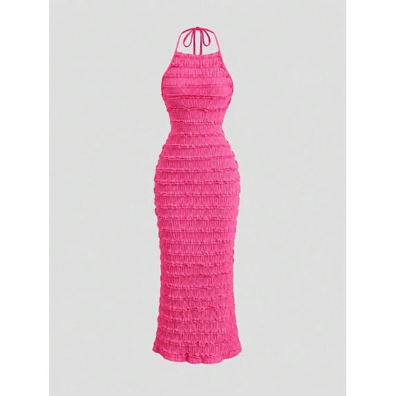 Hot Pink Ruched Halter Maxi Dress With Adjustable Neck Tie