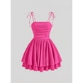 thumbnail image 1 of Hot Pink Ruched Tie-Shoulder Pleated Mini Dress For Women, 1 of 4