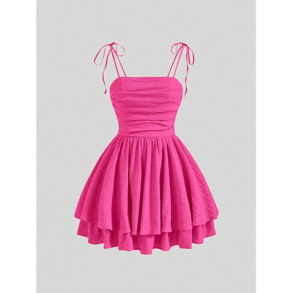 Hot Pink Ruched Tie-Shoulder Pleated Mini Dress For Women