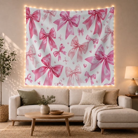 Hot Pink Satin Bows and Pearls on White Background, Whimsical Illustration for Teen Girls, Feminine Coquette Wall Decor, Birthday Gift, Tapestry Wall Hanging for Bedroom and Dorm