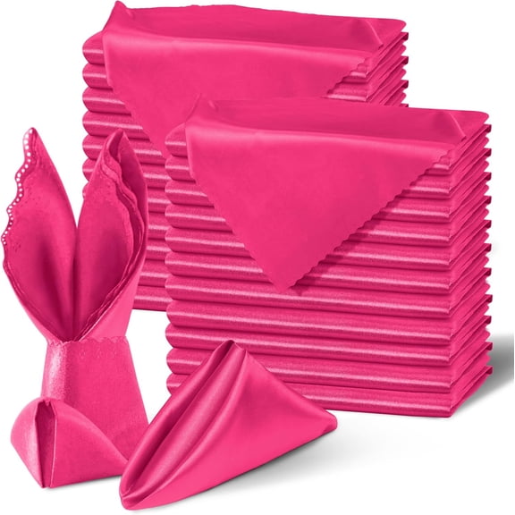Hot Pink Satin Napkins - 100 Pack, 17x17 Inches, Scalloped Square Napkins for Weddings, Restaurants, Parties