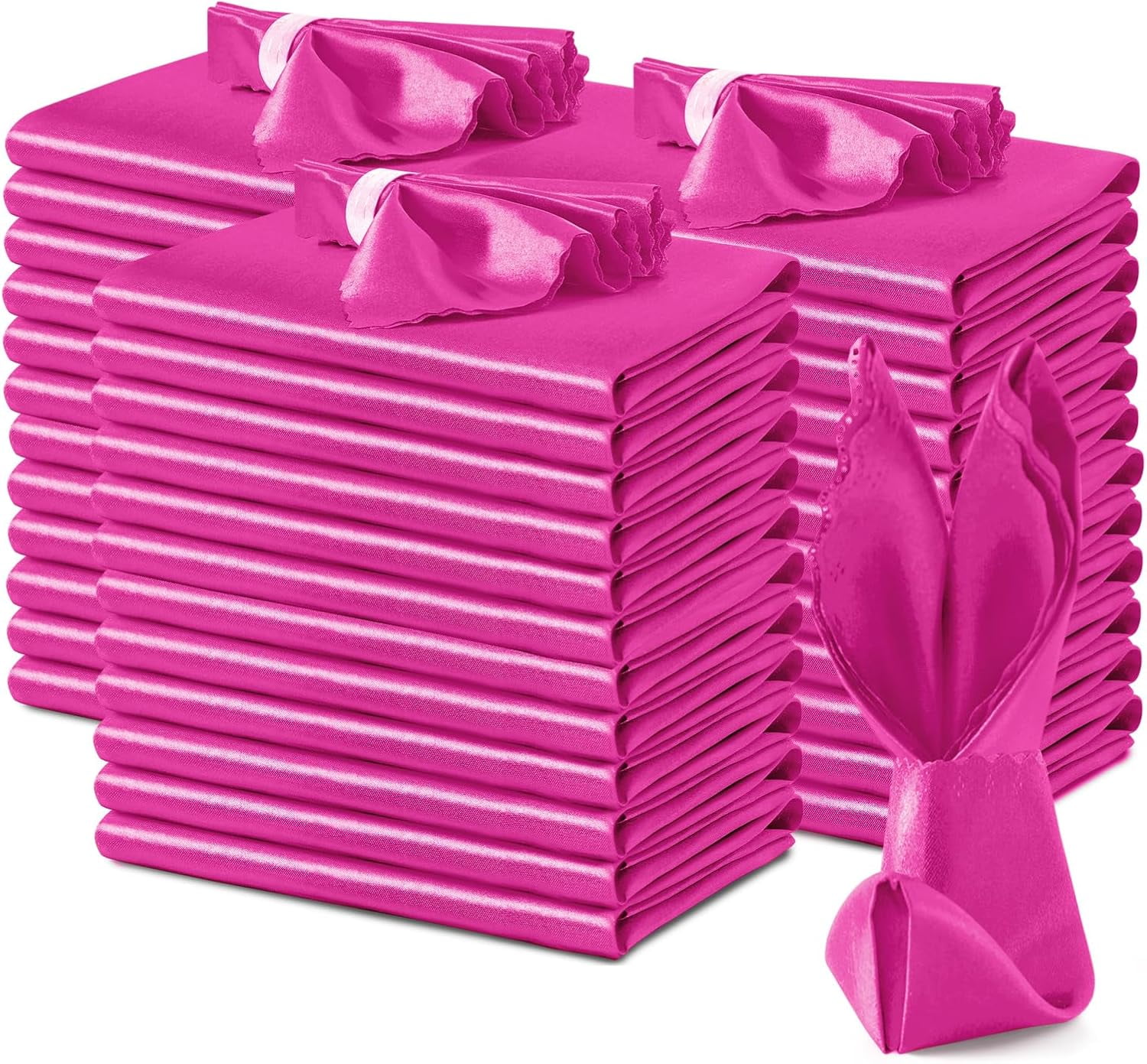 Hot Pink SatinNapkins (100 Pack) 17x17 Inch Wedding Napkins, Scalloped Elegant Dinner Square Table Napkins for Restaurant Banquet Party