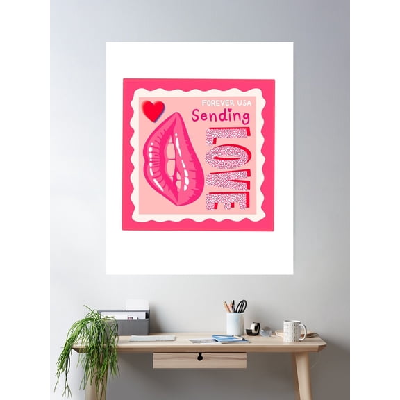 Hot Pink Sending Love Stamp Poster Wall Art, Modern Wall Decor For Living Room Bedroom, 16x24 UNFRAMED